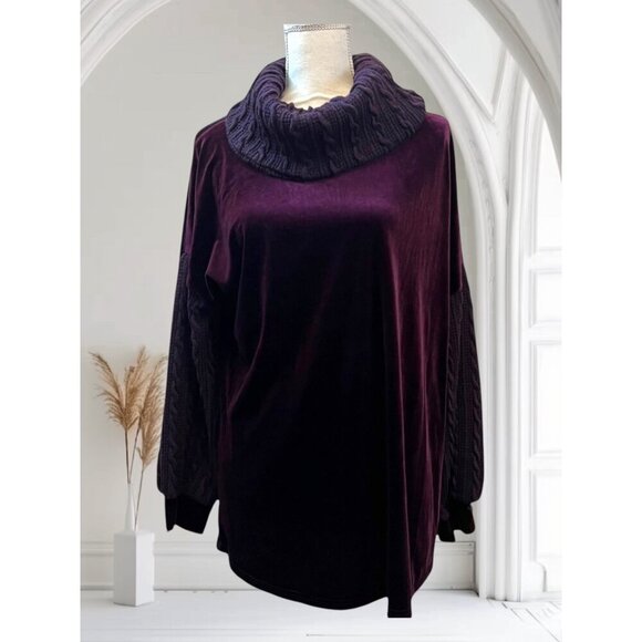 Weekend by Suzanne Betro Purple  Velour & Cable Knit Cowl Neck Tunic XL - Picture 1 of 10